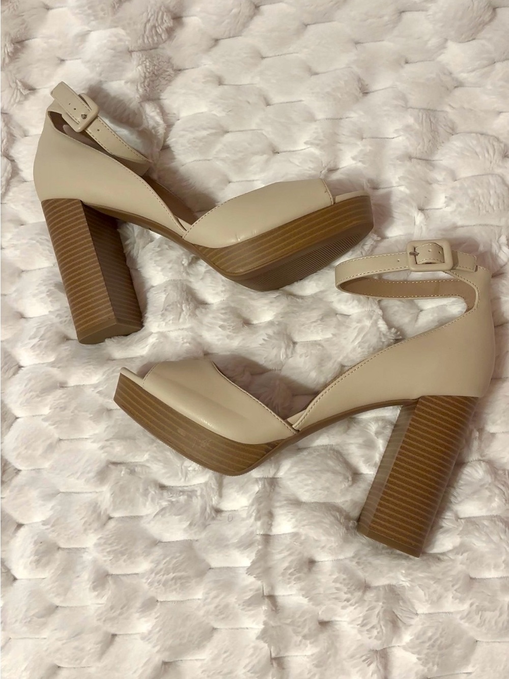Sun + Stone Cream Platform Block Heels with Ankle Strap